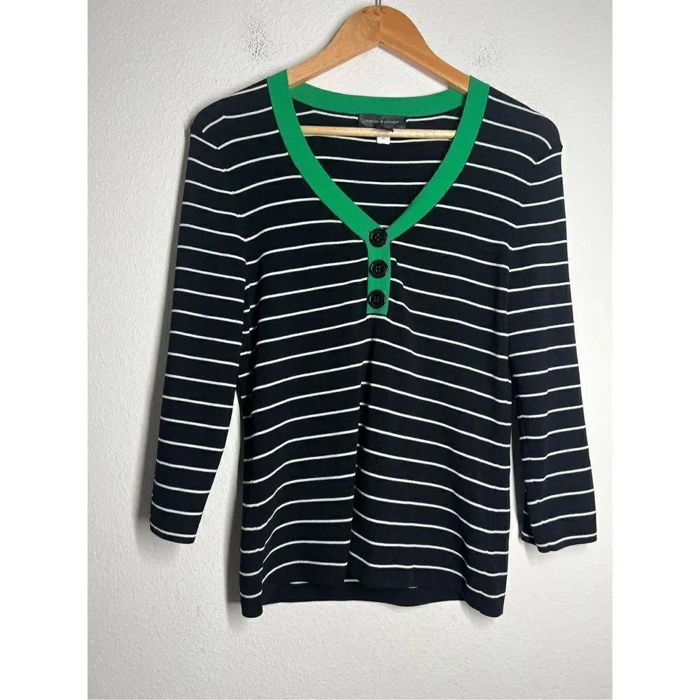 Cable & Gauge Women’s Size M Black White Green Striped V-Neck Sweater